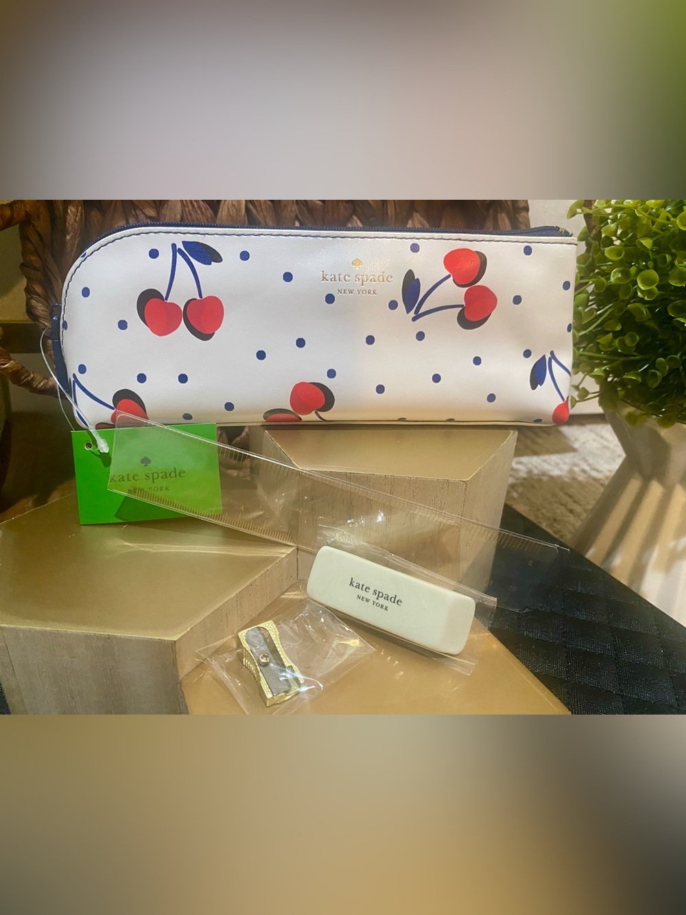 kate spade white Pencil Pouch with red cherries and navy dots